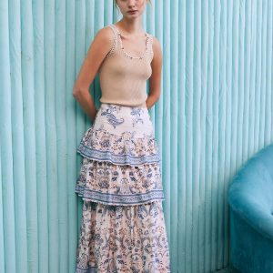 Border Print Tiered Midi Skirt