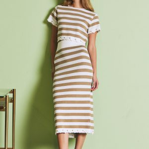 Knit Stripe Rope Embellished Midi Skirt