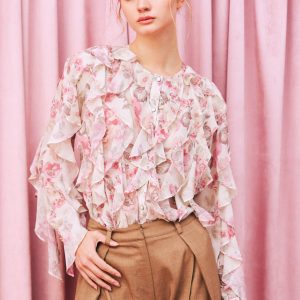 Blush Reverie Ruffle Printed Chiffon Blouse