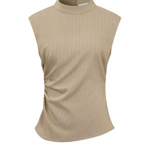 Woven Stripe Sleeveless Mock Neck Top