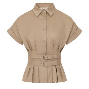 Belted Contour Woven Pleated Short Sleeve Top