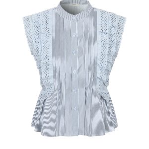Stripe Sleeveless Pintuck Blouse with Lace Trim