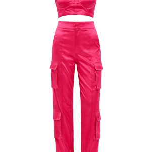 Corset Tube Bra Top and Satin Cargo Pants Set