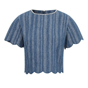 Scallop Hem Denim Top with Neck Rhinestones